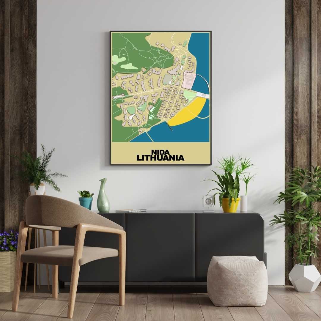 COLOURED ROAD MAP OF NIDA, LITHUANIA BY MAPBAKES