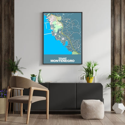 COLOURED ROAD MAP OF TIVAT, MONTENEGRO BY MAPBAKES