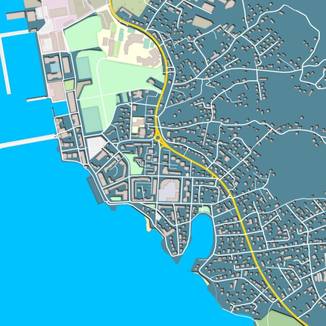 COLOURED ROAD MAP OF TIVAT, MONTENEGRO BY MAPBAKES