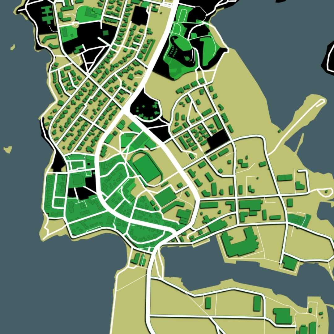 COLOURED ROAD MAP OF HOFN, ICELAND BY MAPBAKES