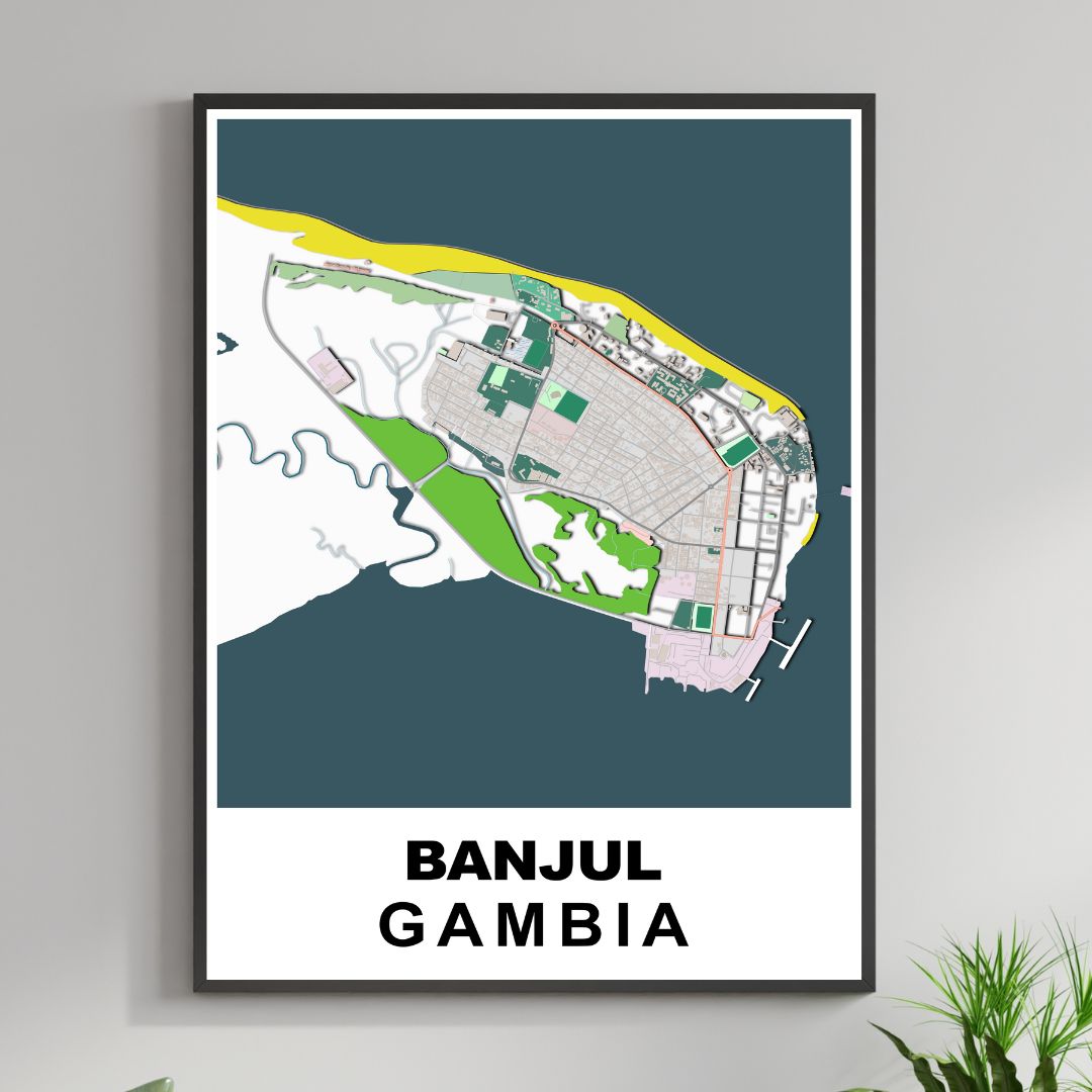 COLOURED ROAD MAP OF BANJUL, GAMBIA BY MAPBAKES – MapBakes