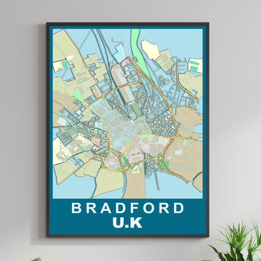 COLOURED ROAD MAP OF BRADFORD, UK BY MAPBAKES