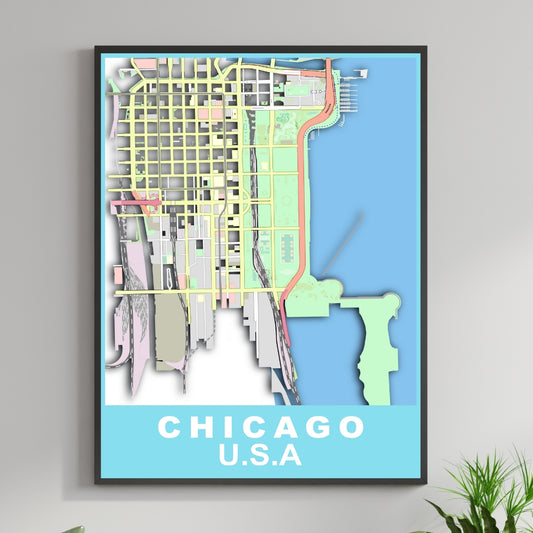 COLOURED ROAD MAP OF CHICAGO, USA BY MAPBAKES