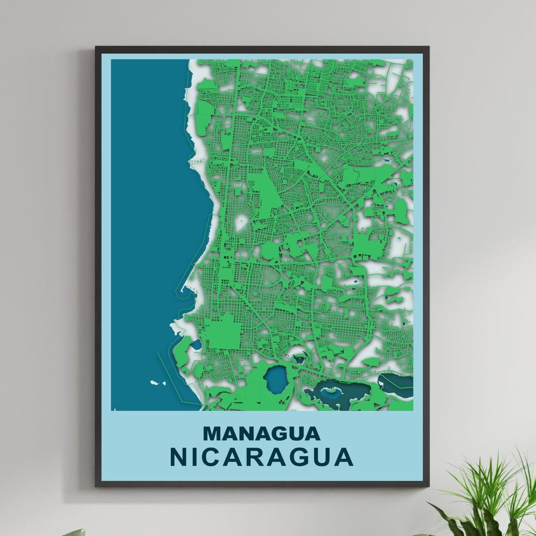 COLOURED ROAD MAP OF MANAGUA, NICARAGUA BY MAPBAKES – MapBakes