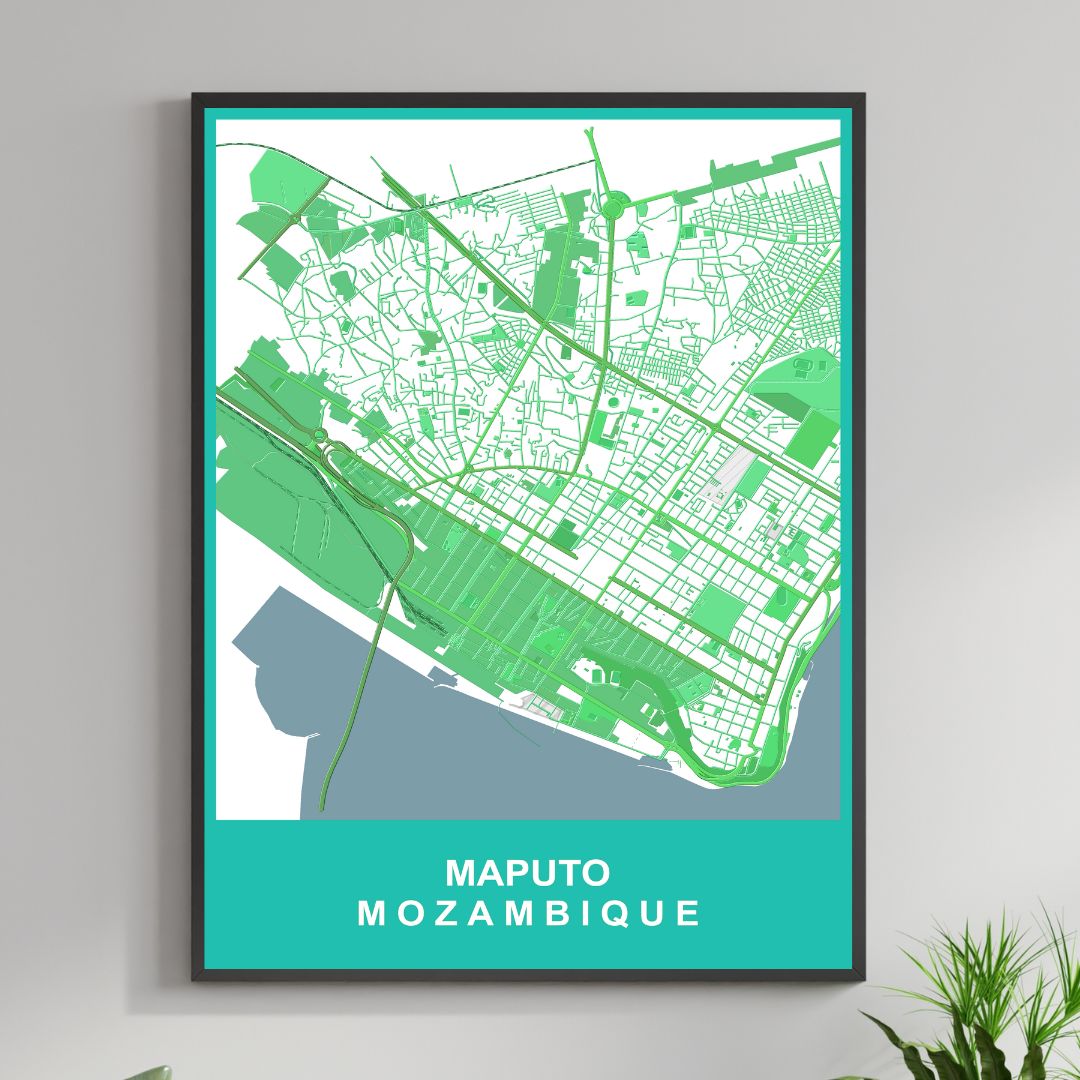 COLOURED ROAD MAP OF MAPUTO, MOZAMBIQUE BY MAPBAKES