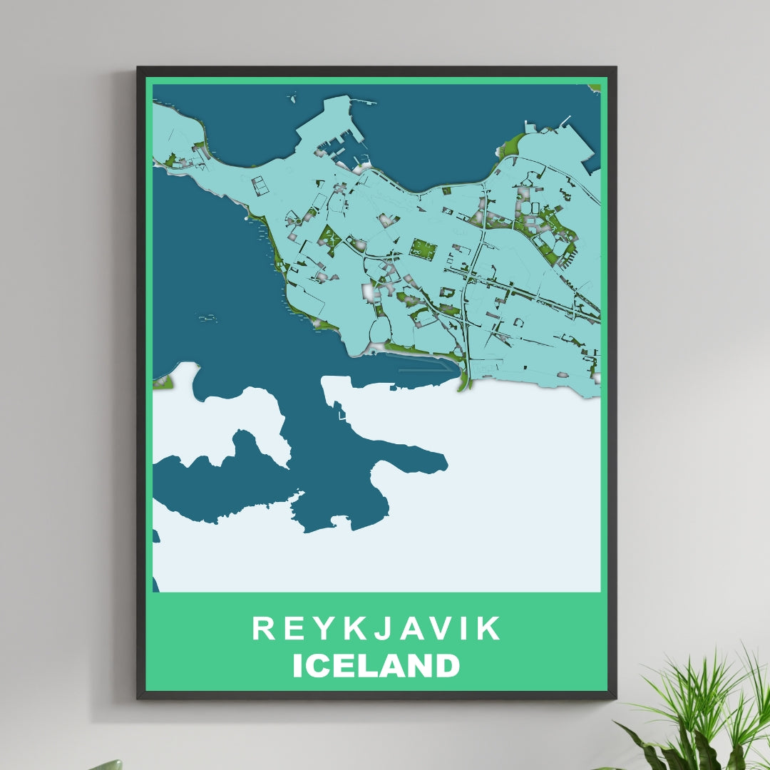 COLOURED ROAD MAP OF REYKJAVIK, ICELAND BY MAPBAKES